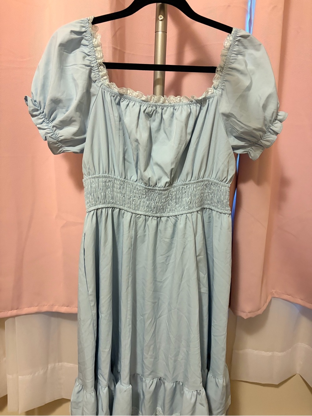 Scarlet Darkness Light Blue Puff Sleeve Midi Dress with Pockets